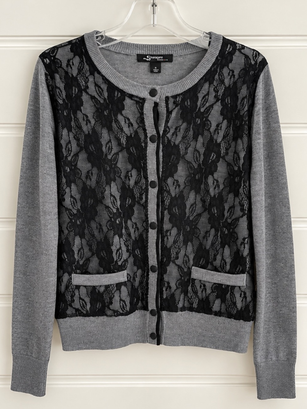 Sharagano Gray Cardigan with Black Lace Front